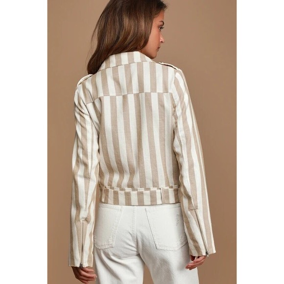 Lulu’s Vacation Signature Taupe and Ivory Striped Belted Moto Jacket Large NEW - Picture 11 of 14